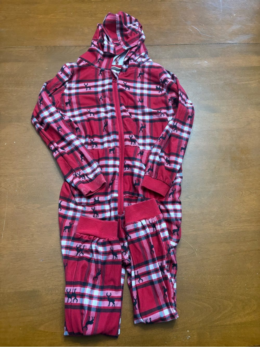 Red Plaid Hooded Kids Pajama Set with Moose Print